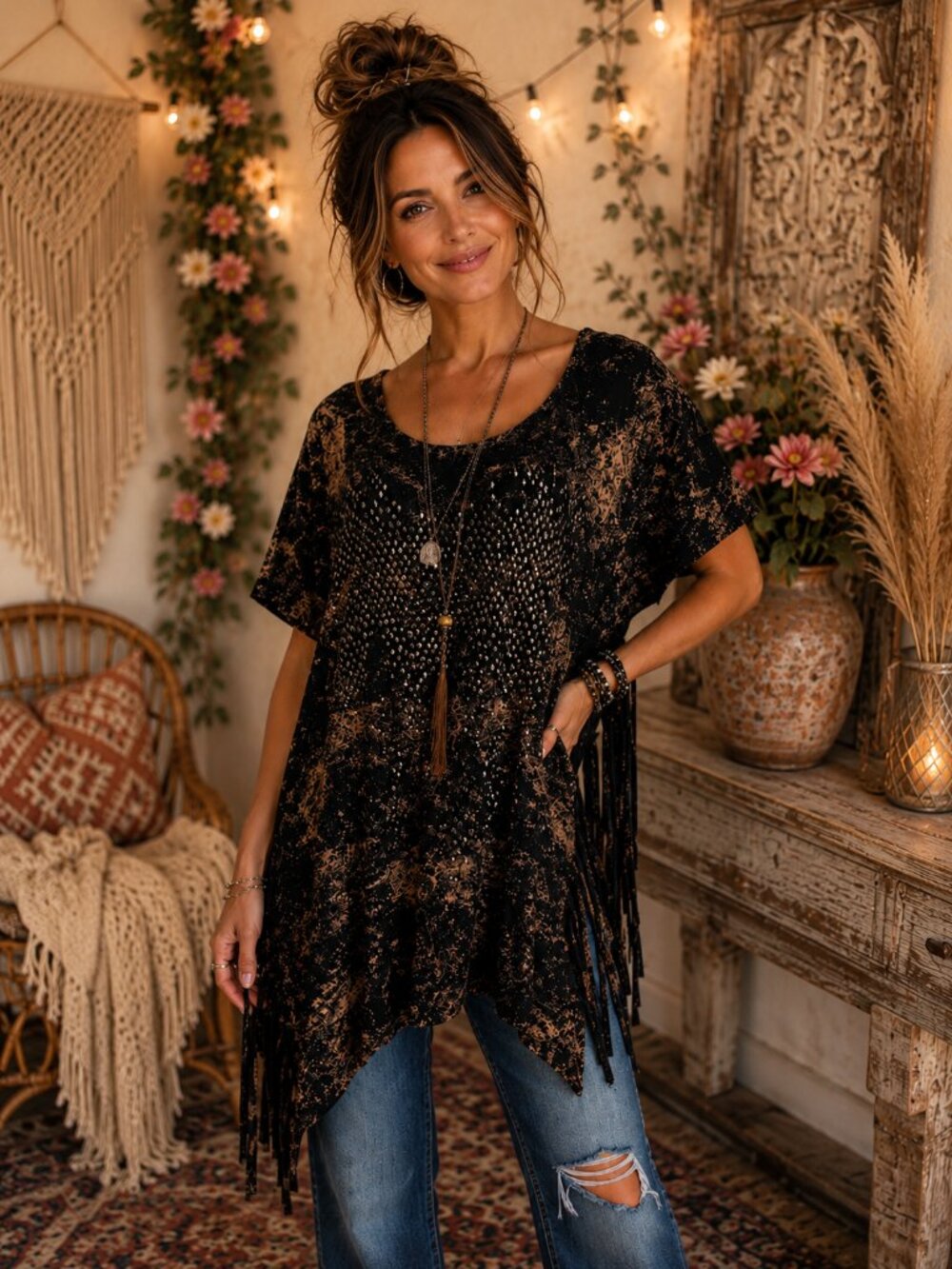 Vocal Fringe Embellished Tunic Top Western Boho Studded Size L